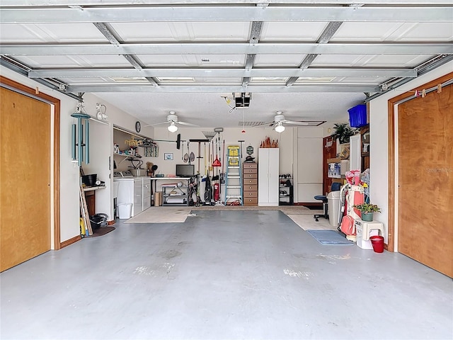 5755 Yorkshire Dr, Zephyrhills, FL 33542 - garage with washing machine and dryer, ceiling fan, and a garage door opener