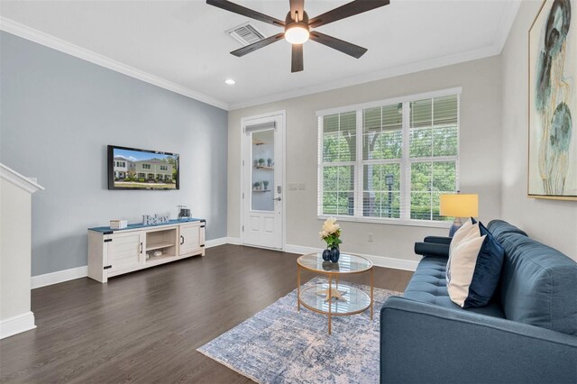 106 Cutlass Way, Oldsmar, FL 34677 - living room with ornamental molding, ceiling fan, dark wood-style floors, and recessed lighting