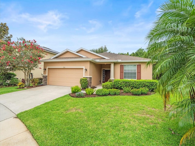 27546 Stonecreek Way, Wesley Chapel, FL 33544 - ranch-style house with stucco siding, a garage, concrete driveway, a front lawn, and stone siding