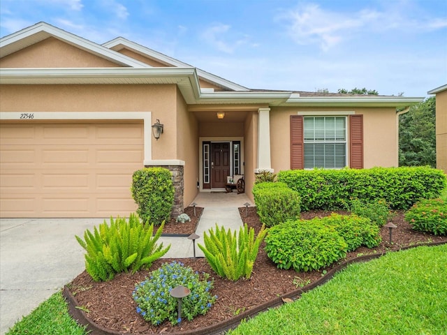 27546 Stonecreek Way, Wesley Chapel, FL 33544 - view of exterior entry featuring stucco siding, an attached garage, and driveway