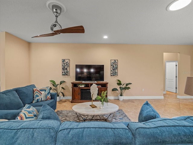 27546 Stonecreek Way, Wesley Chapel, FL 33544 - living room featuring a ceiling fan, light tile patterned flooring, and recessed lighting