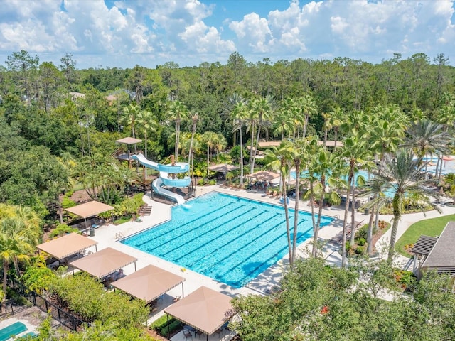 27546 Stonecreek Way, Wesley Chapel, FL 33544 - community pool featuring a water slide and a forest view