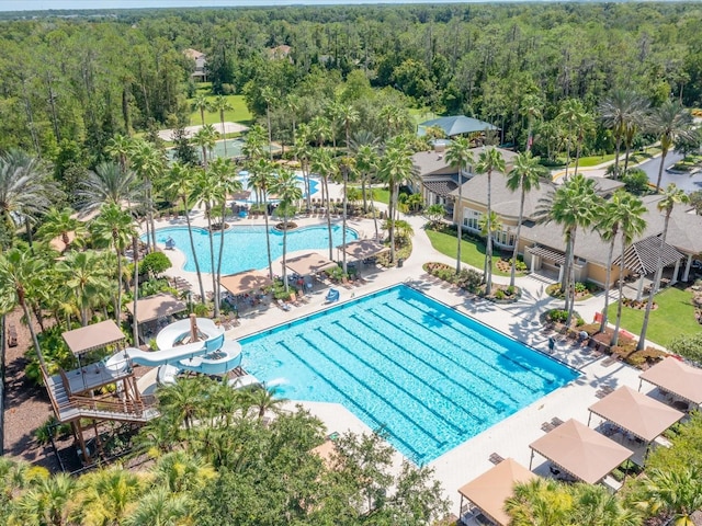27546 Stonecreek Way, Wesley Chapel, FL 33544 - community pool featuring a wooded view, a water slide, and a patio