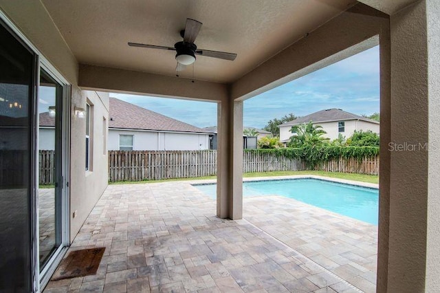 5916 Tulip Flower Dr, Riverview, FL 33578 - view of swimming pool with a ceiling fan, a fenced backyard, and a patio area