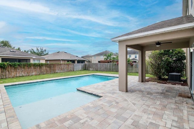 5916 Tulip Flower Dr, Riverview, FL 33578 - view of pool with a ceiling fan, a patio, a fenced backyard, and a residential view
