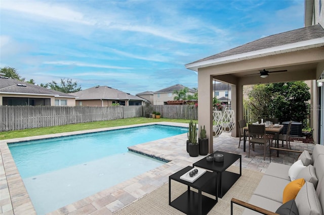 5916 Tulip Flower Dr, Riverview, FL 33578 - view of swimming pool with a fenced backyard, a patio area, a ceiling fan, an outdoor living space, and outdoor dining area