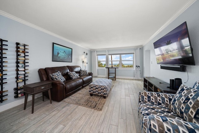1230 Gulf Blvd Unit 304, Clearwater, FL 33767 - living room featuring ornamental molding, light wood-style flooring, and baseboards