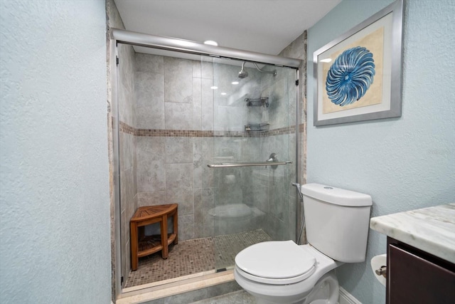 1230 Gulf Blvd Unit 304, Clearwater, FL 33767 - bathroom featuring toilet, vanity, a stall shower, and a textured wall