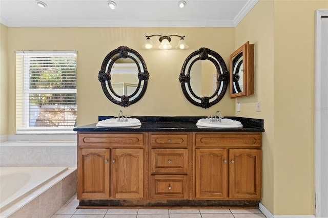 15123 Bald Eagle St, Tampa, FL 33625 - full bathroom featuring double vanity, tile patterned flooring, a relaxing tiled tub, and ornamental molding
