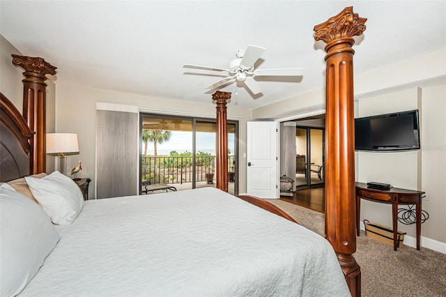 4450 Gulf Blvd Unit 110, St Pete Beach, FL 33706 - bedroom with access to outside, decorative columns, carpet, and ceiling fan