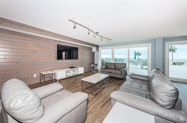 4450 Gulf Blvd Unit 110, St Pete Beach, FL 33706 - living room with wooden walls, wood finished floors, healthy amount of natural light, and track lighting