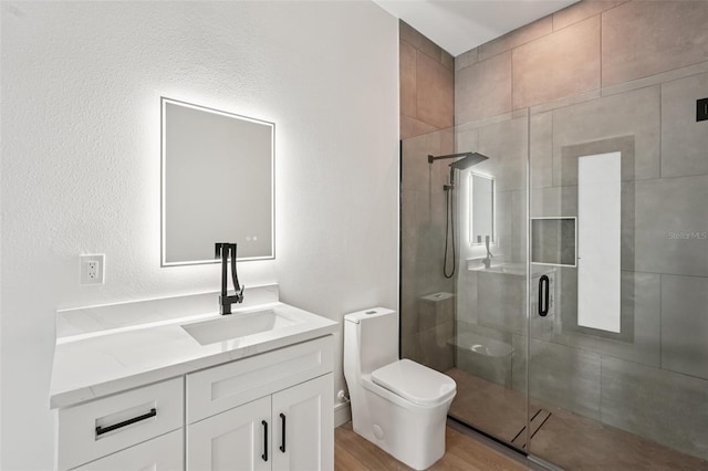 15218 Appleton Blvd, Port Charlotte, FL 33981 - full bathroom with vanity, a stall shower, and wood finished floors