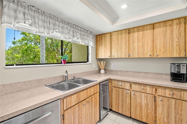 214 Caryl Way, Oldsmar, FL 34677 - kitchen with dishwasher, beverage cooler, light countertops, light tile patterned floors, and recessed lighting