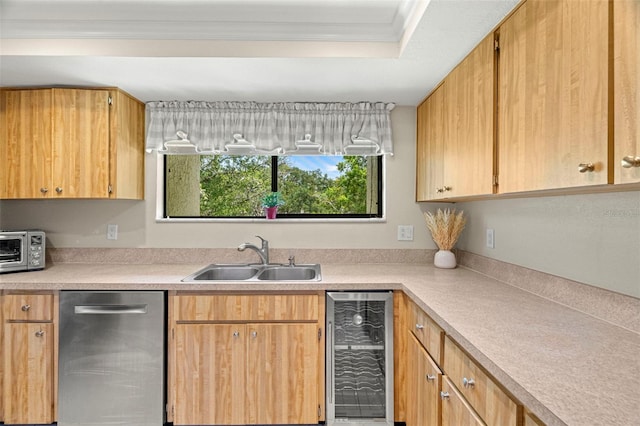214 Caryl Way, Oldsmar, FL 34677 - kitchen with beverage cooler, dishwasher, ornamental molding, and light countertops