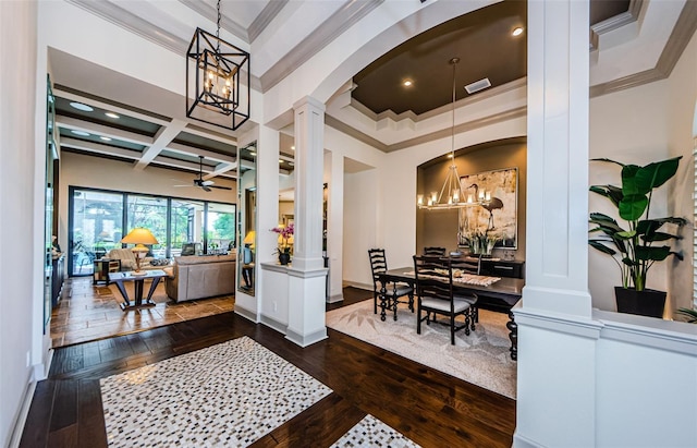 1012 Tuscany Dr, Trinity, FL 34655 - office area featuring decorative columns, a chandelier, crown molding, arched walkways, and coffered ceiling
