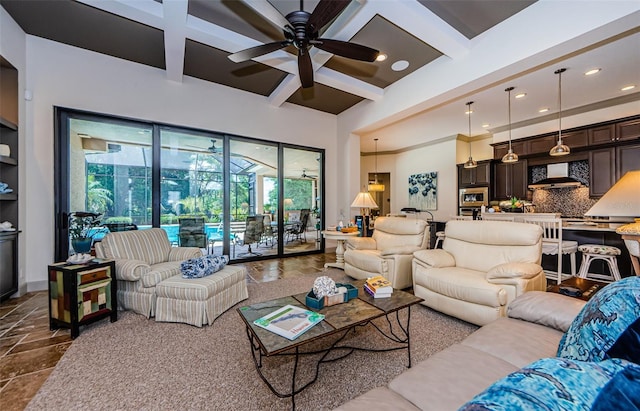 1012 Tuscany Dr, Trinity, FL 34655 - living room featuring a ceiling fan, coffered ceiling, beamed ceiling, recessed lighting, and a sunroom