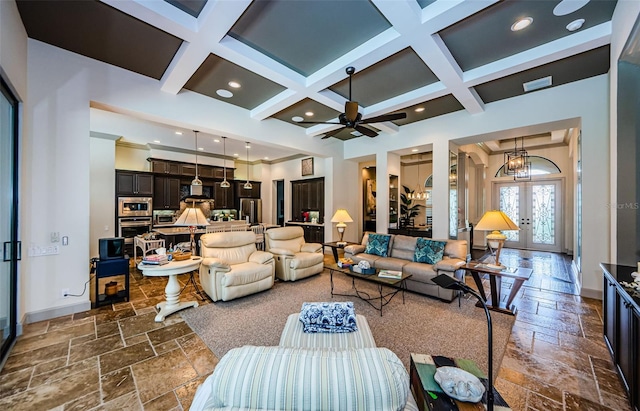 1012 Tuscany Dr, Trinity, FL 34655 - living room featuring stone tile floors, coffered ceiling, recessed lighting, beam ceiling, and ceiling fan