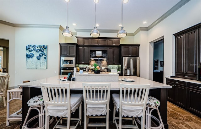 1012 Tuscany Dr, Trinity, FL 34655 - kitchen featuring appliances with stainless steel finishes, wall chimney range hood, crown molding, light countertops, and decorative backsplash
