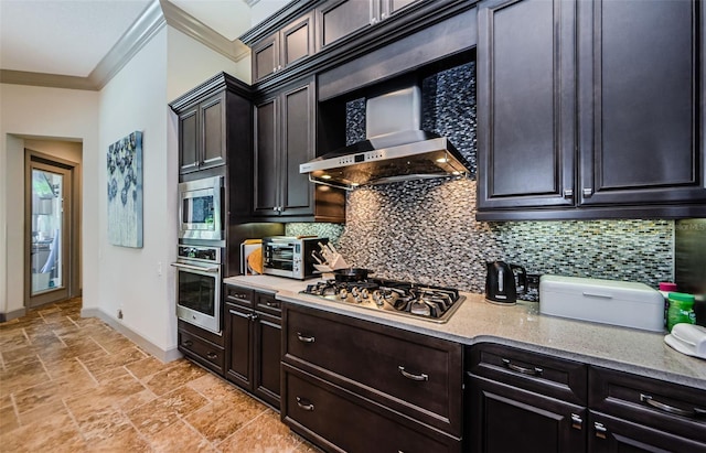 1012 Tuscany Dr, Trinity, FL 34655 - kitchen featuring appliances with stainless steel finishes, ornamental molding, backsplash, light stone finish flooring, and ventilation hood