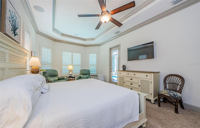 1012 Tuscany Dr, Trinity, FL 34655 - bedroom with crown molding, light carpet, a raised ceiling, and ceiling fan