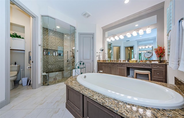 1012 Tuscany Dr, Trinity, FL 34655 - bathroom with a stall shower, a garden tub, vanity, marble finish flooring, and recessed lighting