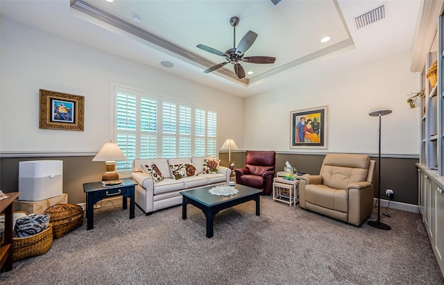 1012 Tuscany Dr, Trinity, FL 34655 - living area featuring a raised ceiling, carpet flooring, ceiling fan, recessed lighting, and ornamental molding
