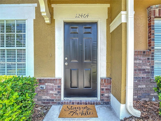12464 Berkeley Square Dr, Tampa, FL 33626 - property entrance featuring stucco siding, brick siding, and covered porch