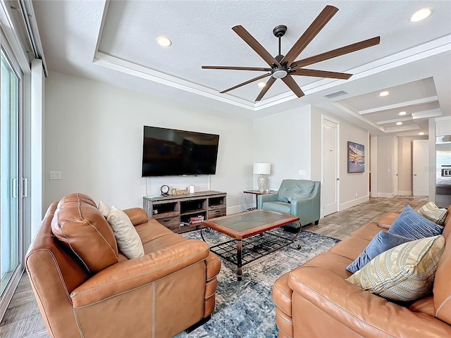 1204 Derby Ln, Sarasota, FL 34242 - living room featuring a ceiling fan, recessed lighting, baseboards, and coffered ceiling