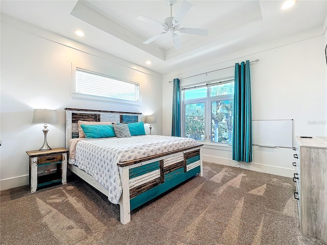 1204 Derby Ln, Sarasota, FL 34242 - bedroom with a raised ceiling, carpet flooring, baseboards, recessed lighting, and a ceiling fan