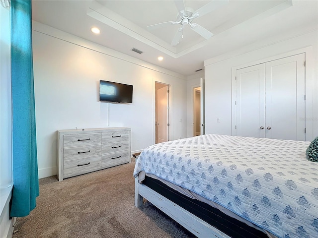 1204 Derby Ln, Sarasota, FL 34242 - carpeted bedroom with recessed lighting, a tray ceiling, baseboards, and ceiling fan