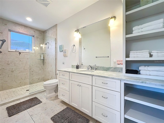 1204 Derby Ln, Sarasota, FL 34242 - bathroom with a walk in shower, vanity, toilet, and tile patterned floors