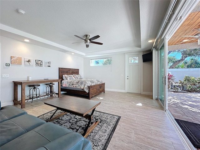 1204 Derby Ln, Sarasota, FL 34242 - bedroom with access to outside, a raised ceiling, baseboards, a textured ceiling, and recessed lighting