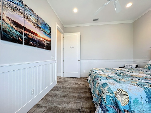 1204 Derby Ln, Sarasota, FL 34242 - bedroom with wainscoting, wood finished floors, crown molding, and recessed lighting