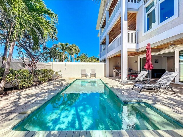 1204 Derby Ln, Sarasota, FL 34242 - view of pool with a fenced backyard, a patio area, and ceiling fan