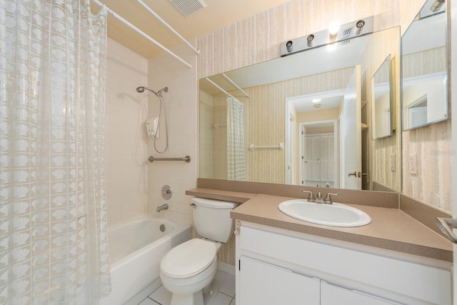 921 Linn Harbor Ct, Tarpon Springs, FL 34689 - full bathroom featuring wallpapered walls, shower / bathtub combination with curtain, toilet, vanity, and tile patterned flooring