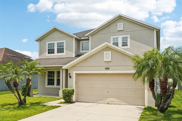 7509 Tangle Bend Dr, Gibsonton, FL 33534 - traditional-style house with driveway, a front yard, stucco siding, and roof with shingles
