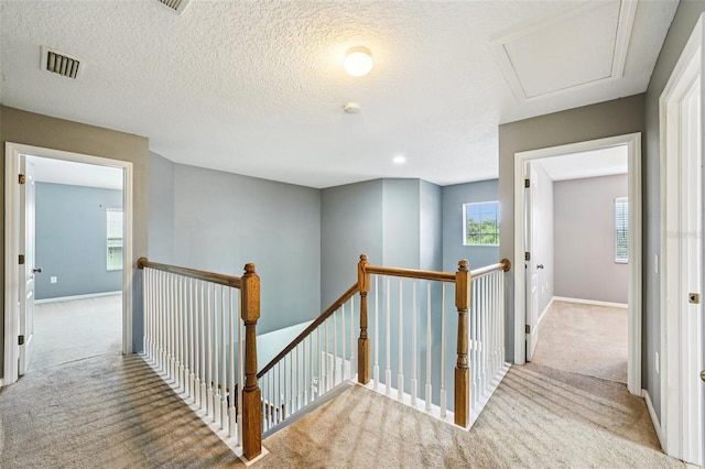 7509 Tangle Bend Dr, Gibsonton, FL 33534 - hall with an upstairs landing, carpet floors, attic access, and a textured ceiling