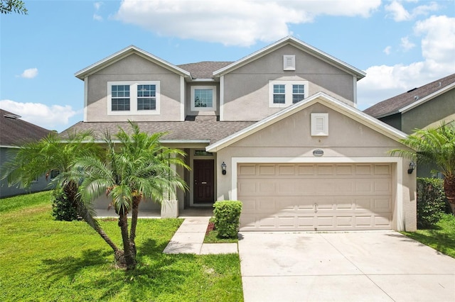 7509 Tangle Bend Dr, Gibsonton, FL 33534 - view of front of home with driveway, stucco siding, a front yard, and roof with shingles