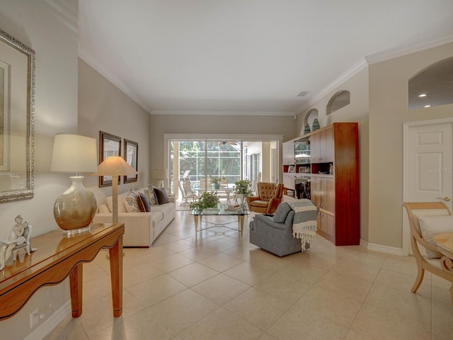 4335 Clairidge Way, Palm Harbor, FL 34685 - living room featuring crown molding and light tile patterned floors