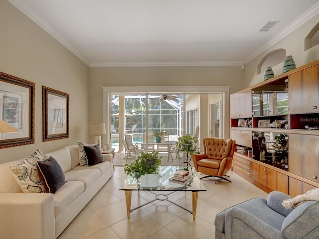 4335 Clairidge Way, Palm Harbor, FL 34685 - living area featuring crown molding, light tile patterned floors, and ceiling fan