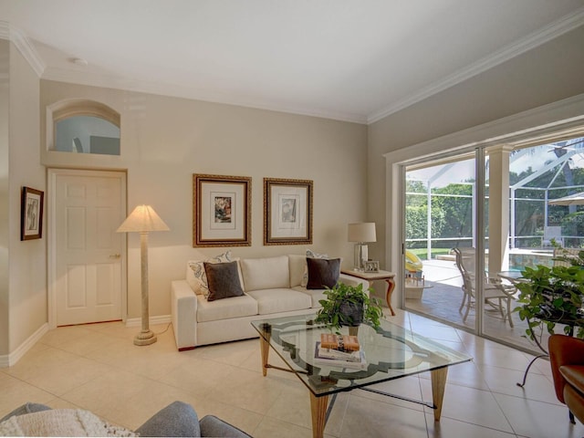 4335 Clairidge Way, Palm Harbor, FL 34685 - living area with light tile patterned flooring and ornamental molding