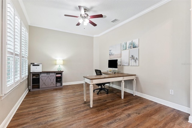 5823 Terncrest Dr, Lithia, FL 33547 - office space with wood finished floors, ceiling fan, and ornamental molding