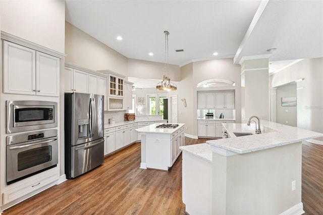5823 Terncrest Dr, Lithia, FL 33547 - kitchen with appliances with stainless steel finishes, a large island, glass insert cabinets, wood finished floors, and recessed lighting