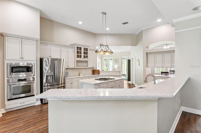 5823 Terncrest Dr, Lithia, FL 33547 - kitchen featuring stainless steel appliances, dark wood-type flooring, a peninsula, a high ceiling, and tasteful backsplash