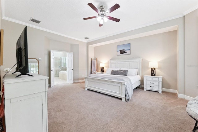 5823 Terncrest Dr, Lithia, FL 33547 - bedroom with light carpet, ornamental molding, connected bathroom, and a ceiling fan