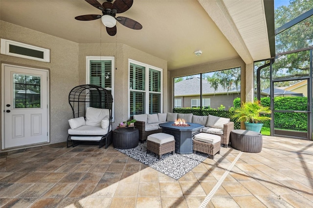 5823 Terncrest Dr, Lithia, FL 33547 - view of patio / terrace with an outdoor living space with a fire pit, a lanai, and ceiling fan