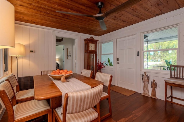 19209 Crooked Ln, Lutz, FL 33548 - dining room featuring wooden ceiling, dark wood finished floors, ceiling fan, and ornamental molding
