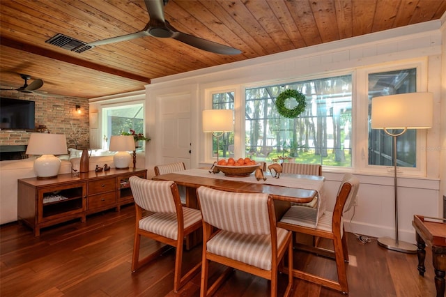 19209 Crooked Ln, Lutz, FL 33548 - dining space with ceiling fan, wooden ceiling, wood-type flooring, and plenty of natural light