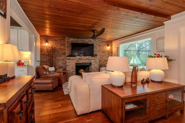 19209 Crooked Ln, Lutz, FL 33548 - living room with wood ceiling, ceiling fan, dark wood-type flooring, and a brick fireplace