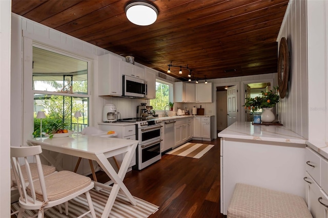 19209 Crooked Ln, Lutz, FL 33548 - kitchen with appliances with stainless steel finishes, wood ceiling, track lighting, dark wood finished floors, and white cabinetry